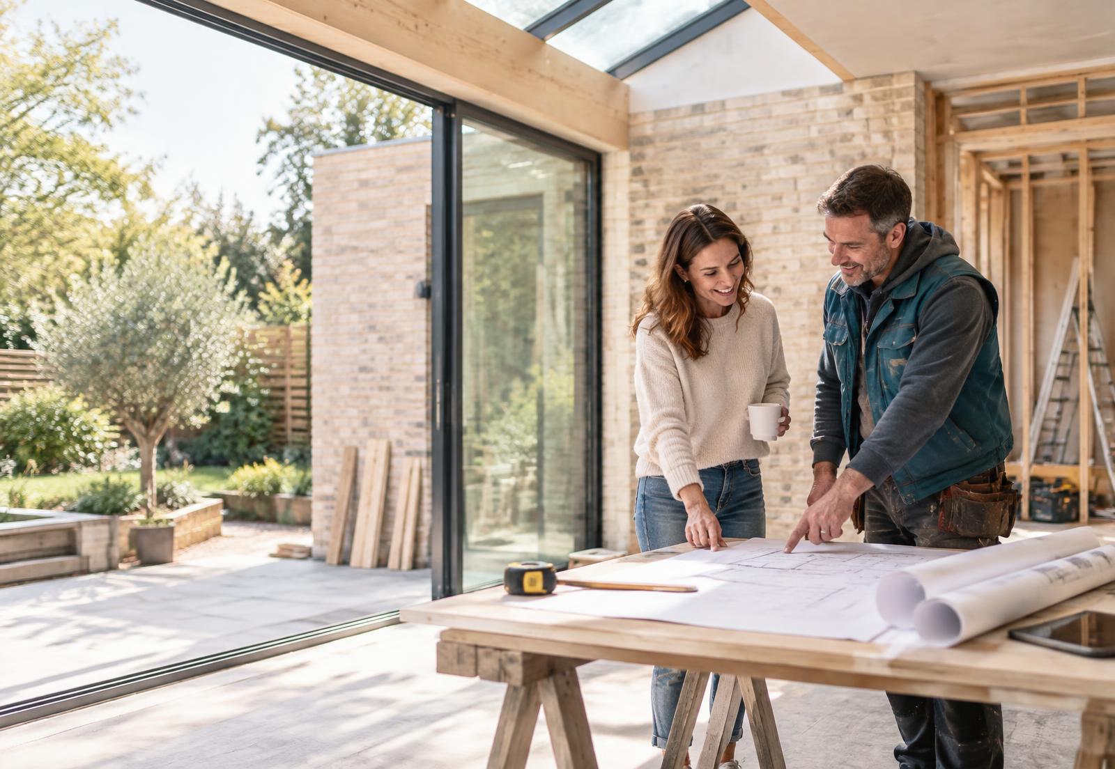Homeowner and builder reviewing plans in a bright home extension